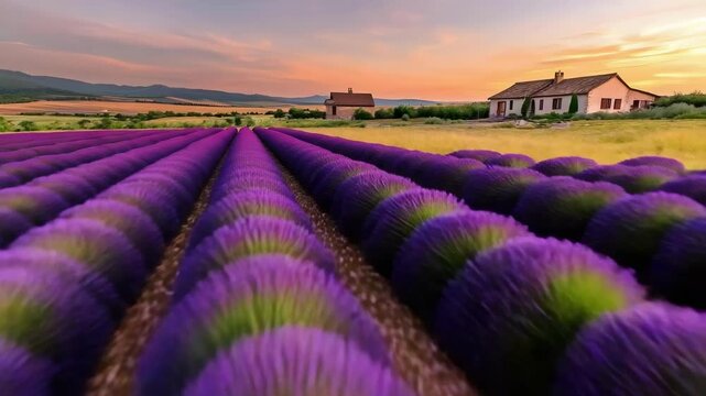 Lavender fields in full bloom with a distant house at sunset.