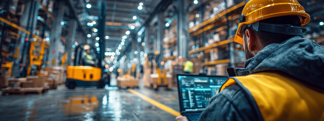 Industrial Worker Using Laptop in Warehouse with Forklift and Shelves of Goods in Background. Banner, copy space