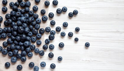 A generous scattering of fresh, plump blueberries lay enticingly on white wooden surface.