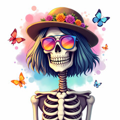 Trendy skeleton in hat with flowers and sunglasses, colorful butterfly surreal illustration