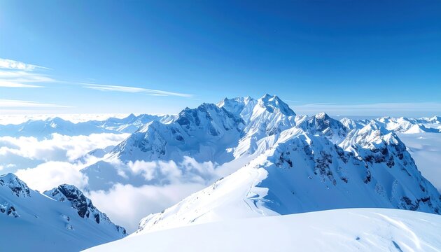 A serene panoramic view of majestic snow-covered mountains under a bright, clear blue sky with wisps of clouds below the peaks
