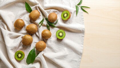 A vibrant arrangement of whole and halved kiwis, accented by green leaves on fabric.