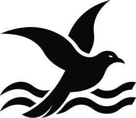 Icon of a flying seagull over ocean waves vector illustration on transparent background.


