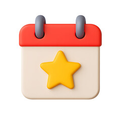 3d illustration of a stylized calendar icon with a red top and a yellow star on a cream colored page showing transparent background