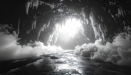 Cave interior, icy formations, light at the end