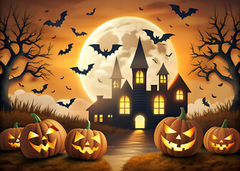 Halloween Spooky Night. Pumpkins. Bats. and a Haunted Castle