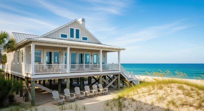 A white beach house with wooden deck and chairs on the sand, overlooking the ocean.