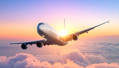 Airplane soaring above clouds at sunrise