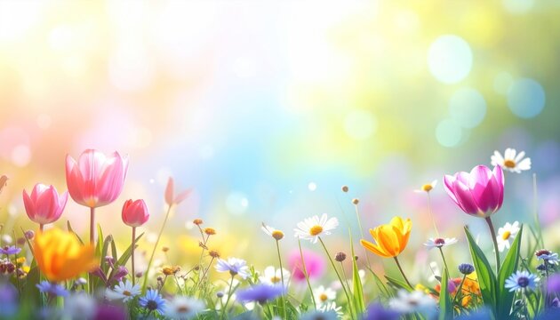 A sun-drenched field with a variety of wildflowers in full bloom, bathed in soft, colorful, bokeh light creating a dreamlike atmosphere