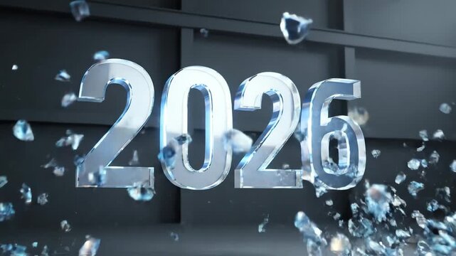 Shiny number 2026 shatters into pieces against a dark backdrop, symbolizing the end of an era and the beginning of something new and uncertain.