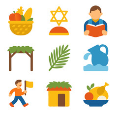 Sukkot holiday decor featuring symbols like etrog, lulav, sukkah. Ideal for festive greeting cards, social media posts, educational materials.