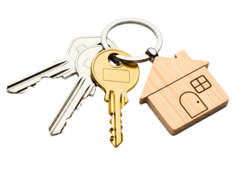 Two keys and a wooden house keychain isolated on transparent background