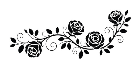 Black Rosebud Branch Silhouette with Leaves,  Vintage Floral Vector Illustration,  Elegant Botanical Element for Retro Design, Tattoos, Wedding Invitations, Decorative Prints, and Creative Graphic Pro