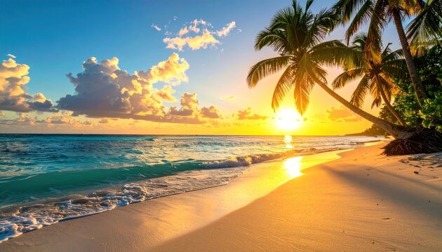 Golden sunset bathes a tranquil beach with gentle waves & tall palms, under a sky of fluffy clouds, creating a scenic coastal view