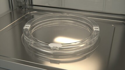 Transparent Circular Container on Metal Surface in Modern Kitchen Setting