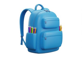 Bright blue backpack filled with colorful pencils isolated on white background