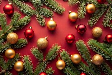 Festive christmas ornaments and fir branches arranged on a vibrant red background, creating a classic holiday decoration scene perfect for seasonal greetings and winter celebrations