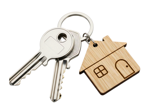 Two keys and a wooden house keychain isolated on transparent background