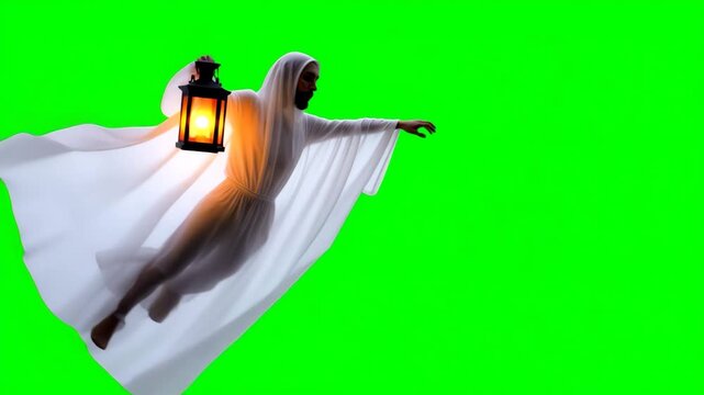 Floating ghost with white cloak, holding lantern with glowing light, spooky Halloween spirit hovering in air, mysterious figure isolated on green screen background