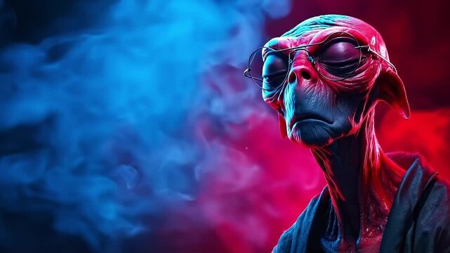 A man in a red and blue alien costume with smoke coming out of his mouth