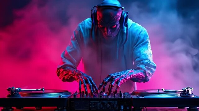 A man in a hoodie playing a dj set with headphones on