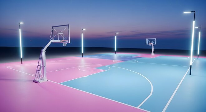 Basketball court with pastel and neon colors.