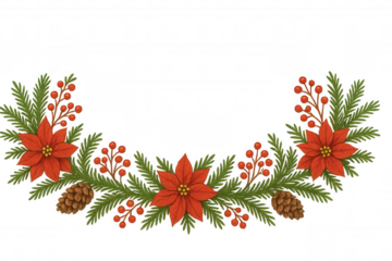 Poinsettia and pine garland with holly berries and pinecones creating festive christmas decoration border