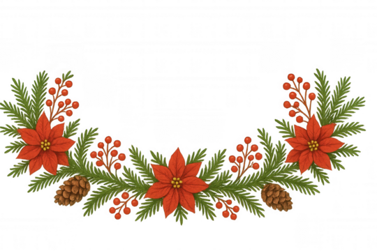 Poinsettia and pine garland with holly berries and pinecones creating festive christmas decoration border - Powered by Adobe