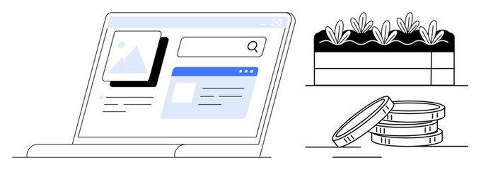 Laptop screen with search and content display, coins symbolizing investments, plant box for growth. Ideal for technology, business, sustainability, e-commerce, finance innovation growth. Simple