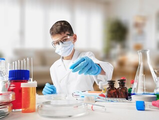 Little child make chemistry science experimental chemistry lessons.