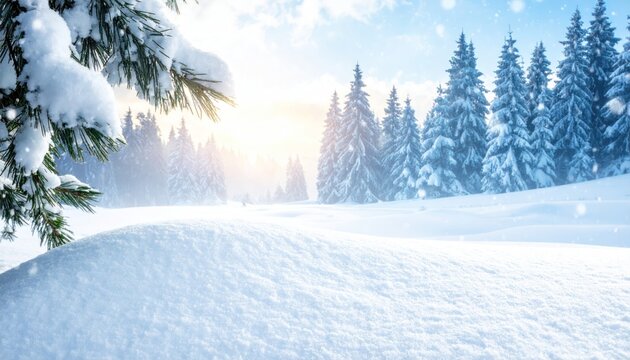 Snow-covered field with sunlight filtering through pine trees under a blue sky. A snowy branch is on the left corner