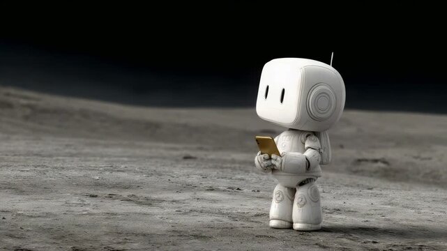 retro robot use mobile phone or tablet on the moon for engineering science studying
