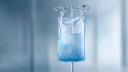 Transparent IV bag with fluid hanging on pole in clinical setting