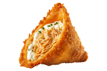 Crispy Brazil coxinha snack filled with shredded chicken croquettes and creamy cheese, isolated on white transparent background, concept of South American Cuisine