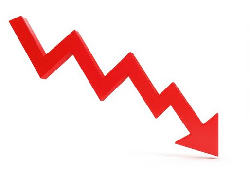 Red downward trending jagged arrow indicating financial decline isolated on white background