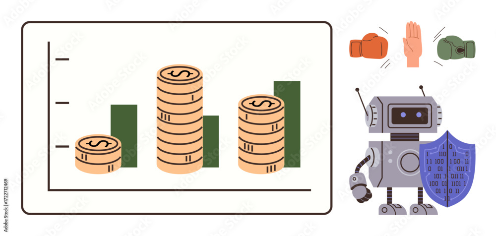 Aufkleber coin stacks rising in front of bar chart, robot with shield symbolizing cybersecurity, and boxing gl