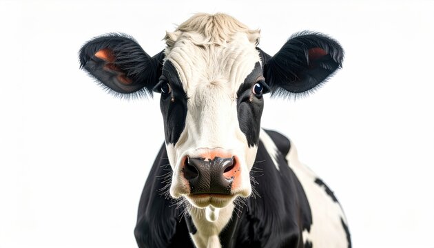 A striking portrait of a black and white cow, eyes wide, facing forward, against a stark white backdrop, filling the frame