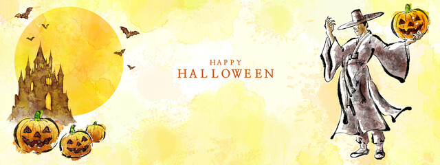 수채화, 수묵화 기법으로 그린 할로윈 카드용 이미지 손그림 일러스트.