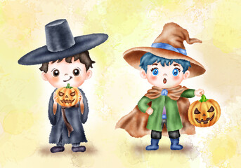 수채화, 수묵화 기법으로 그린 할로윈 카드용 이미지 손그림 일러스트.