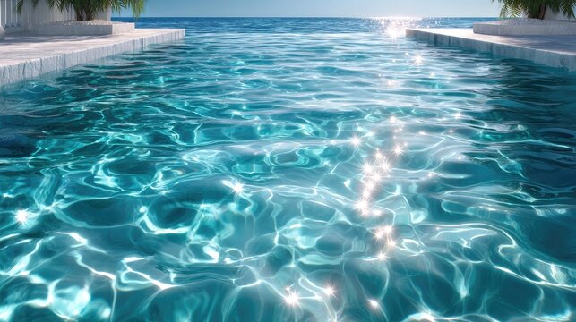 Top View of Sparkling Blue Swimming Pool Water with Ripple Effects Under Bright Sunlight Near White Stone Border