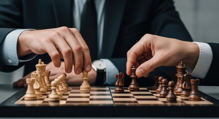 Strategic business move, a game of chess played by two determined individuals in a corporate setting, symbolizing competition and planning