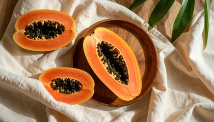 Three halves of ripe papaya are arranged with seeds, on a wooden plate and a linen cloth.