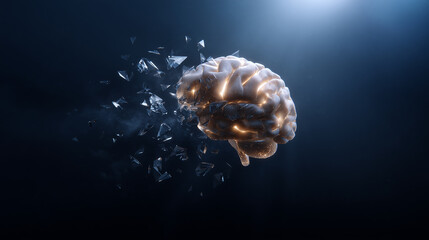Shattered Glass Brain Concept Art Symbolizing Intelligence, Creativity, Innovation, Thought Process, and Human Experience in a Dark Atmosphere with Light Effects
