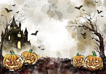 수채화, 수묵화 기법으로 그린 할로윈 카드용 이미지 손그림 일러스트.