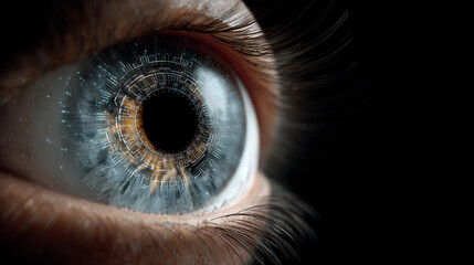 Close-Up of Futuristic Human Eye with Digital Technology Elements and Eye Scanning Motif Highlighting Vision and Innovation