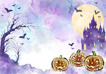 수채화, 수묵화 기법으로 그린 할로윈 카드용 이미지 손그림 일러스트.