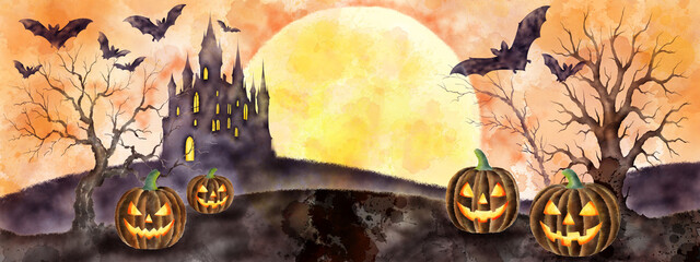 수채화, 수묵화 기법으로 그린 할로윈 카드용 이미지 손그림 일러스트.