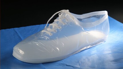 Transparent Plastic Shoe on Blue Surface with Soft Lighting
