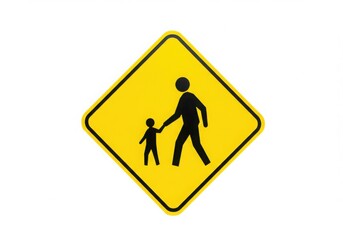 Yellow diamond pedestrian crossing warning sign with silhouettes of adult and child isolated on white background