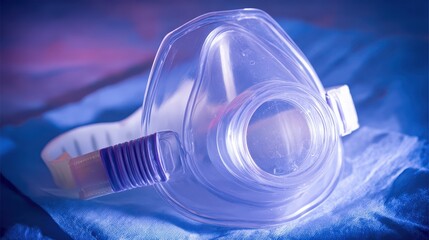 Transparent Respirator Mask on Blue Fabric Background with Lighting